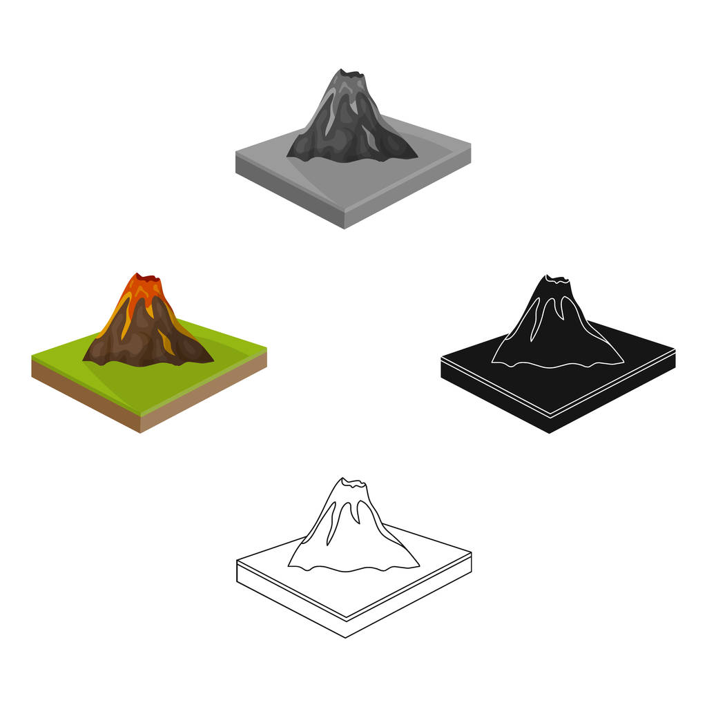 Montañas, volcán y paisaje. Relieve y montañas icono único en el estilo de dibujos animados vector isométrico símbolo stock ilustración web
. - Vector, Imagen