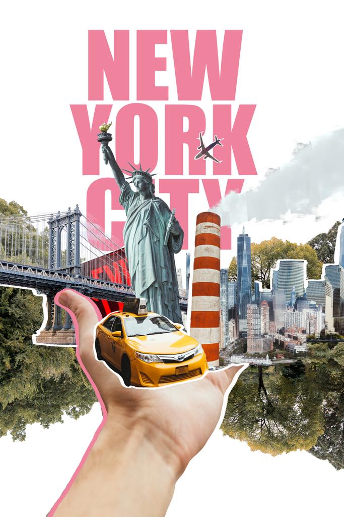 vue partielle de la main masculine avec la ville de New York, taxi jaune, statue de la Liberté et des arbres découpés illustration isolée sur blanc
 - Photo, image