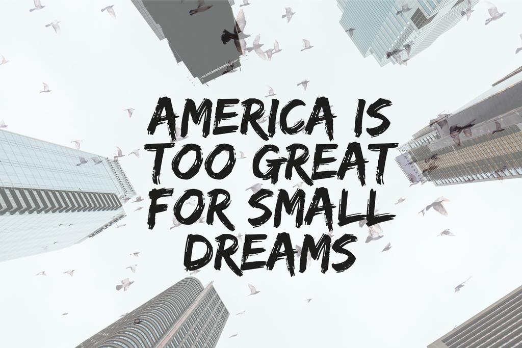 bottom view of skyscrapers and clear sky with birds and "america is too great for small dreams" quote in new york city, usa - Photo, Image