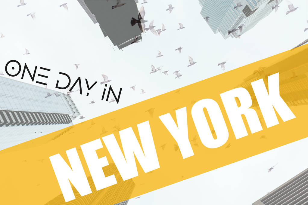 vista inferior de rascacielos y aves en el cielo en la ciudad de Nueva York con letras de "día en Nueva York", EE.UU.
 - Foto, imagen