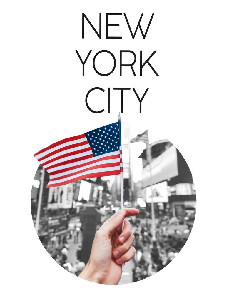 частичный вид человека, держащего американский флаг на улице Нью-Йорка в рамке круга с надписью "Нью-Йорк", изолированной на белом
 - Фото, изображение