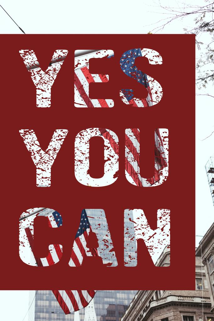 ストリートと「はい、できます」レタリング、ニューヨーク、米国にアメリカ国旗を持つ都市のシーン - 写真・画像