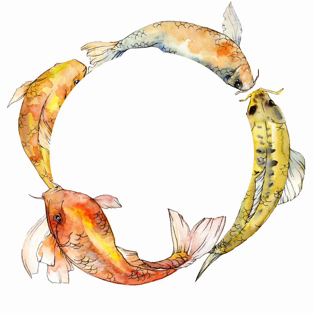 Akvarell vízi víz alatti színes trópusi hal meg. Vörös-tenger és egzotikus halak belül: Aranyhal. Az Aquarelle elemek háttér, a textúra, a burkoló minta. Test határ Dísz tér. - Fotó, kép