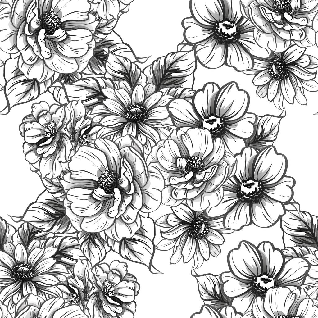 Květinový vzor bezešvé vintage styl. Květinové prvky v černé a bílé. - Vektor, obrázek