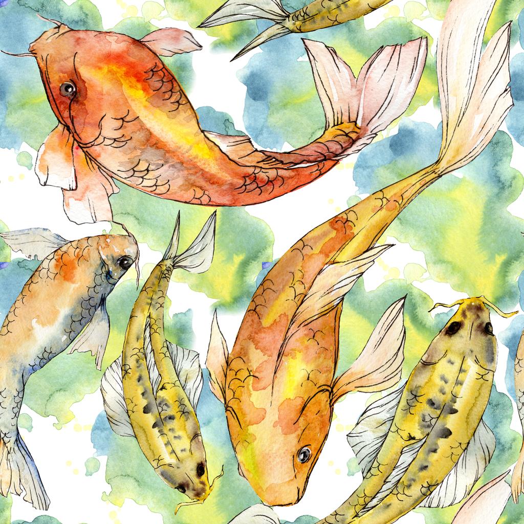 Akvarell vízi víz alatti színes trópusi hal meg. Vörös-tenger és egzotikus halak belül: arany halat. A háttér, a textúra, a burkoló minta Aquarelle elemek. - Fotó, kép