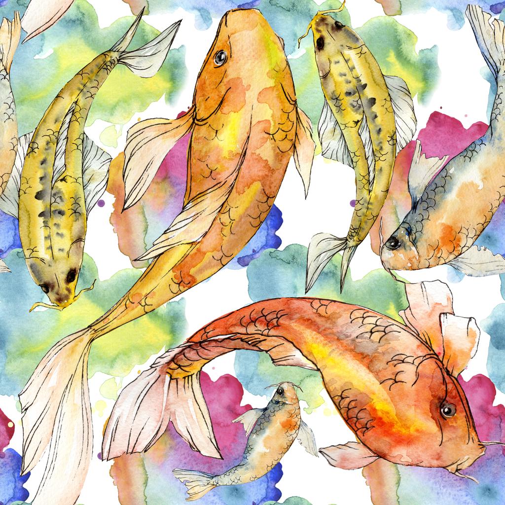 Watercolor aquatic underwater colorful tropical fish set. Red sea and exotic fishes inside: Golden fish. Aquarelle elements for background, texture, wrapper pattern. - Photo, Image
