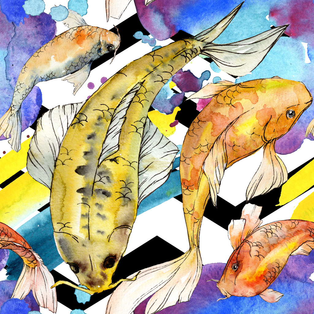 Zestaw akwarela wodne podwodne, kolorowe ryby tropikalne. Morze Czerwone i egzotycznych ryb wewnątrz: złota rybka. Aquarelle elementy tła, tekstura, wzór otoki. - Zdjęcie, obraz