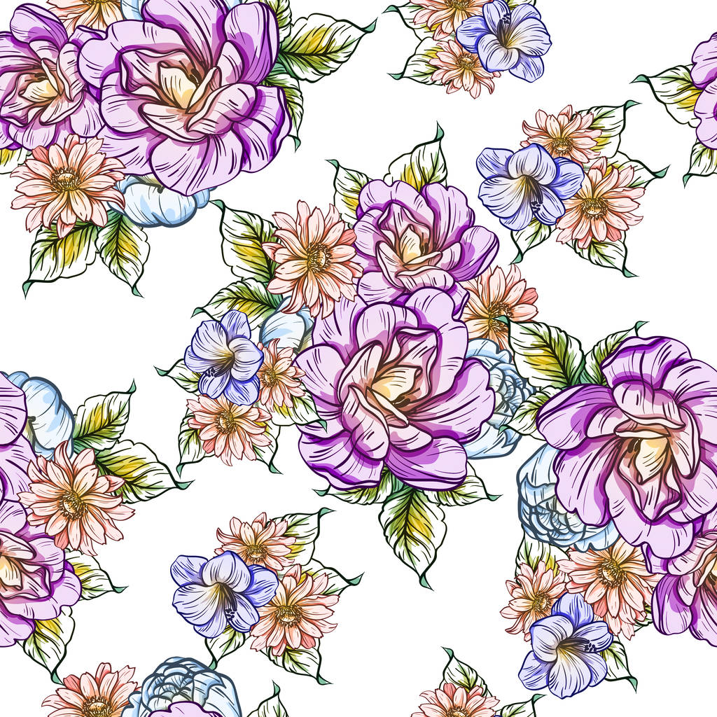 Απρόσκοπτη στυλ vintage λουλούδι μοτίβο. Floral στοιχεία σε χρώμα - Διάνυσμα, εικόνα
