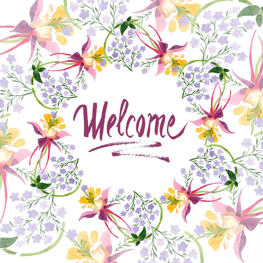 Watercolor background illustration set with floral ornament and welcome lettering  - Photo, Image