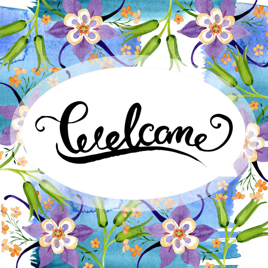 Watercolor fundo ilustração conjunto com ornamento floral e bem-vindo lettering
  - Foto, Imagem