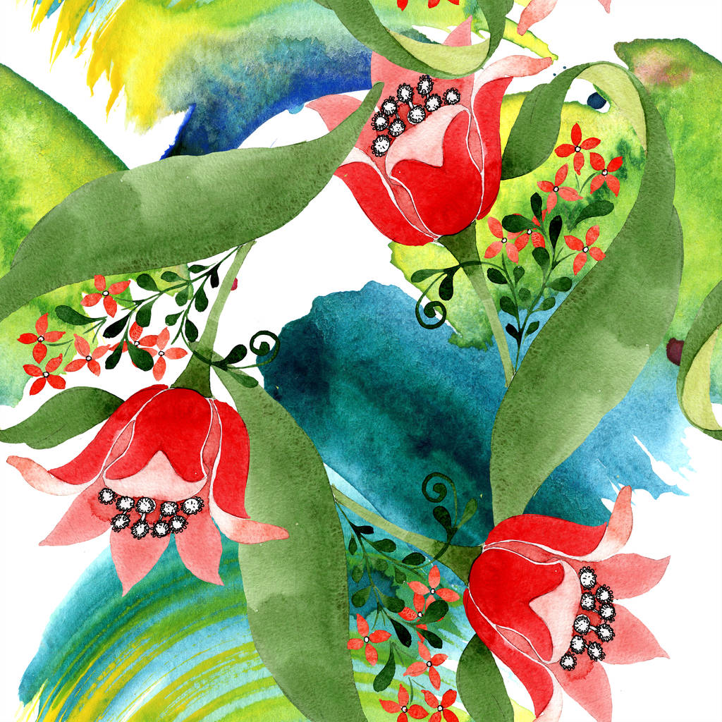 Kırmızı botanik çiçek. Vahşi bahar yaprak izole. Suluboya resim kümesi. Suluboya çizim moda aquarelle. Sorunsuz süsleme arka plan deseni. Kumaş duvar kağıdı yazdırma doku. - Fotoğraf, Görsel