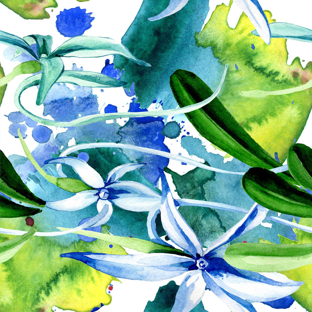 青の稀な蘭。花植物の花。野生のばねの葉。水彩イラスト セット。水彩描画のファッション aquarelle 分離します。シームレスな背景パターン。壁紙印刷手触りの生地. - 写真・画像