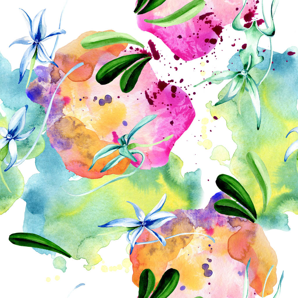 Blauwe zeldzame orchidee. Floral botanische bloem. Wild voorjaar blad. Aquarel illustratie set. Aquarel tekenen mode aquarelle geïsoleerd. Naadloze achtergrondpatroon. Structuur behang print textuur. - Foto, afbeelding