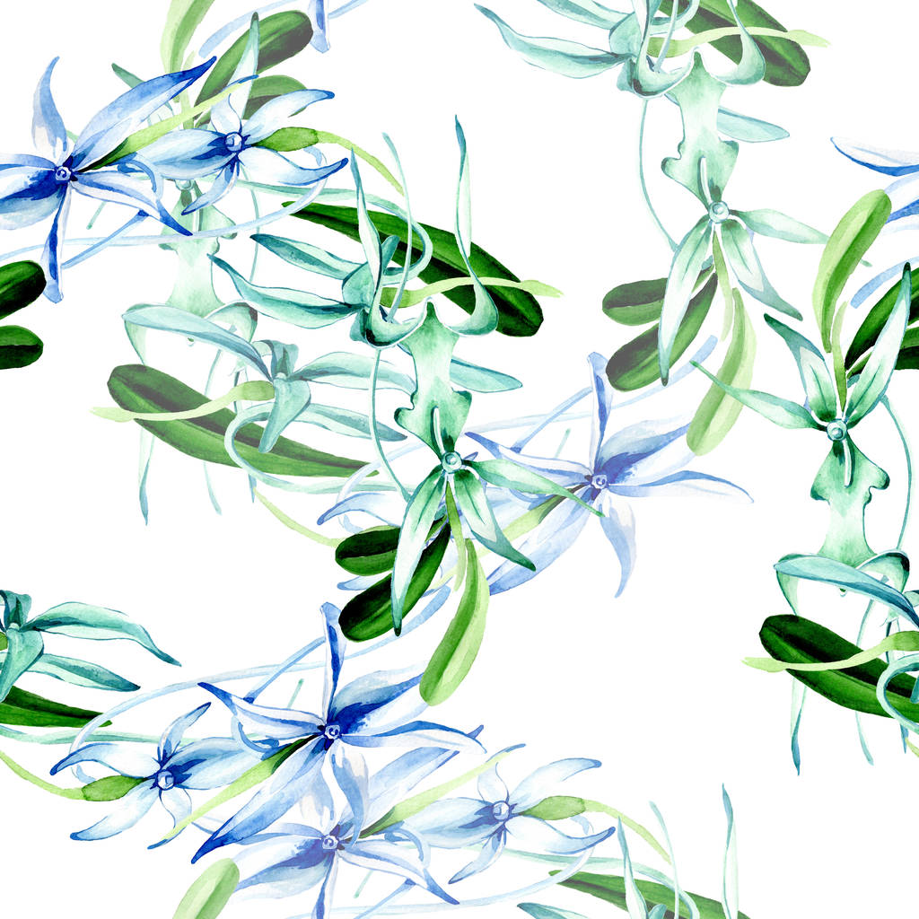 Μπλε σπάνια ορχιδέα. Floral βοτανικό λουλούδι. Άγρια άνοιξη φύλλων. Σετ ακουαρέλας εικονογράφηση. Ακουαρέλα σχεδίασης μόδας aquarelle απομονωμένη. Απρόσκοπτη υπόβαθρο μοτίβο. Ύφασμα ταπετσαρία υφή. - Φωτογραφία, εικόνα