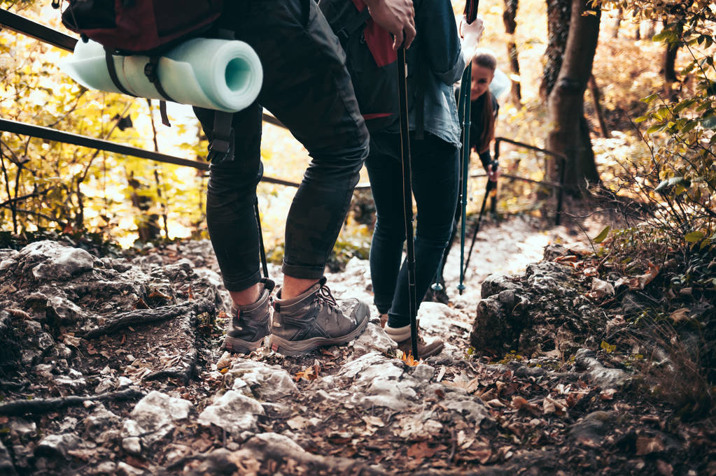 Путешественники во время похода с рюкзаками по скалистой лесной тропе
 - Фото, изображение