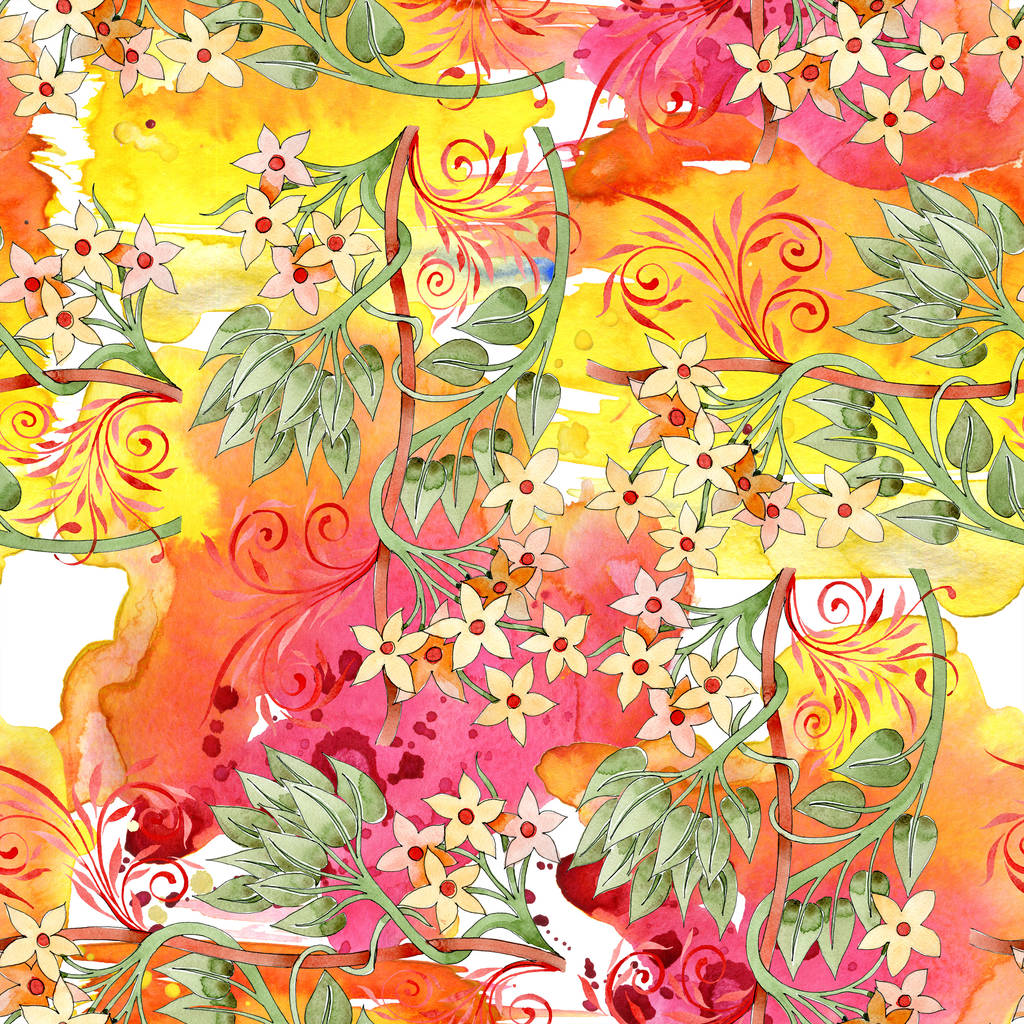 Kolorowy kwiatowy ornament botanicznych. Akwarela, ilustracja zestaw. Bezszwowe tło wzór. Tkanina tapeta tekstura wydruku. - Zdjęcie, obraz