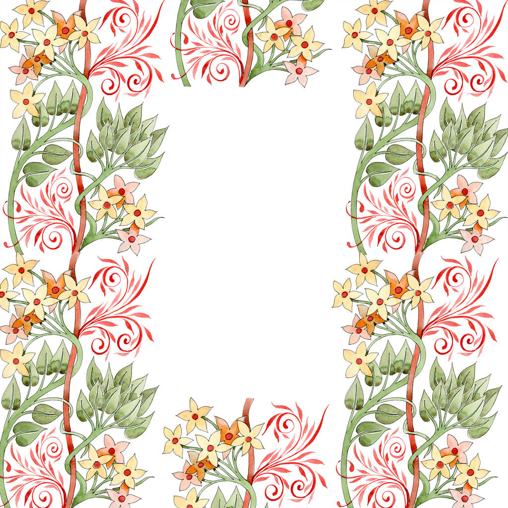 Kleurrijke bloemen sieraad met wervelingen. Aquarel achtergrond afbeelding instellen. Frame grens sieraad met kopie ruimte. - Foto, afbeelding