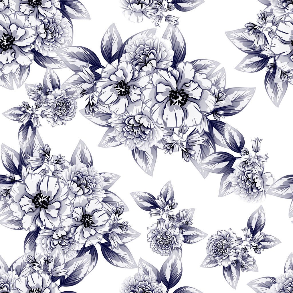シームレスなビンテージ スタイルの白黒色の花のパターン。花の要素. - ベクター画像