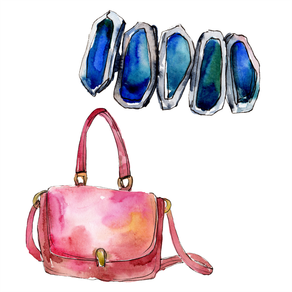 Bag and bracelet sketch fashion glamour illustration in a watercolor style. Clothes accessories set trendy vogue outfit. Aquarelle sketch for background. Watercolour drawing aquarelle isolated. - Photo, Image