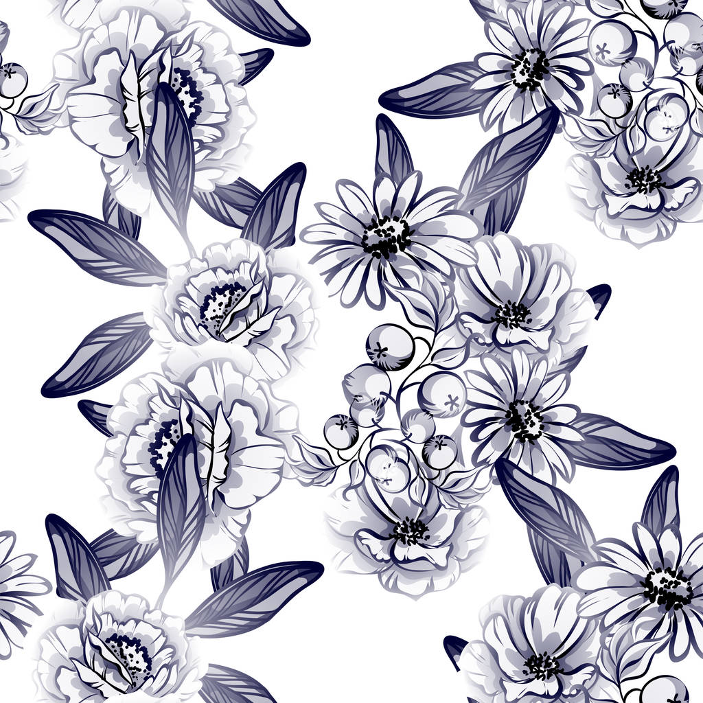 Varrat nélküli vintage stílusú fekete-fehér színű virágmintás. Virág. - Vektor, kép