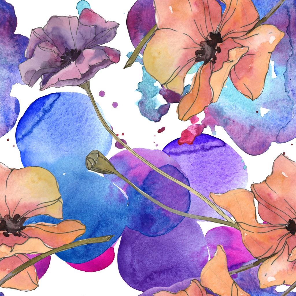 Red and purple poppy floral botanical flower. Wild spring leaf isolated. Watercolor illustration set. Watercolour drawing aquarelle. Seamless background pattern. Fabric wallpaper print texture. - Photo, Image