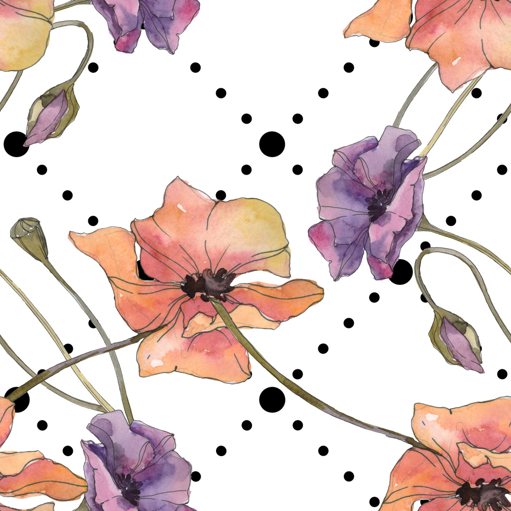 赤と紫ケシ花植物の花 野生春葉が分離されました 水彩イラスト セット 水彩描画 Aquarelle シームレスな背景パターン 壁紙印刷手触りの生地 ロイヤリティフリー写真 画像素材