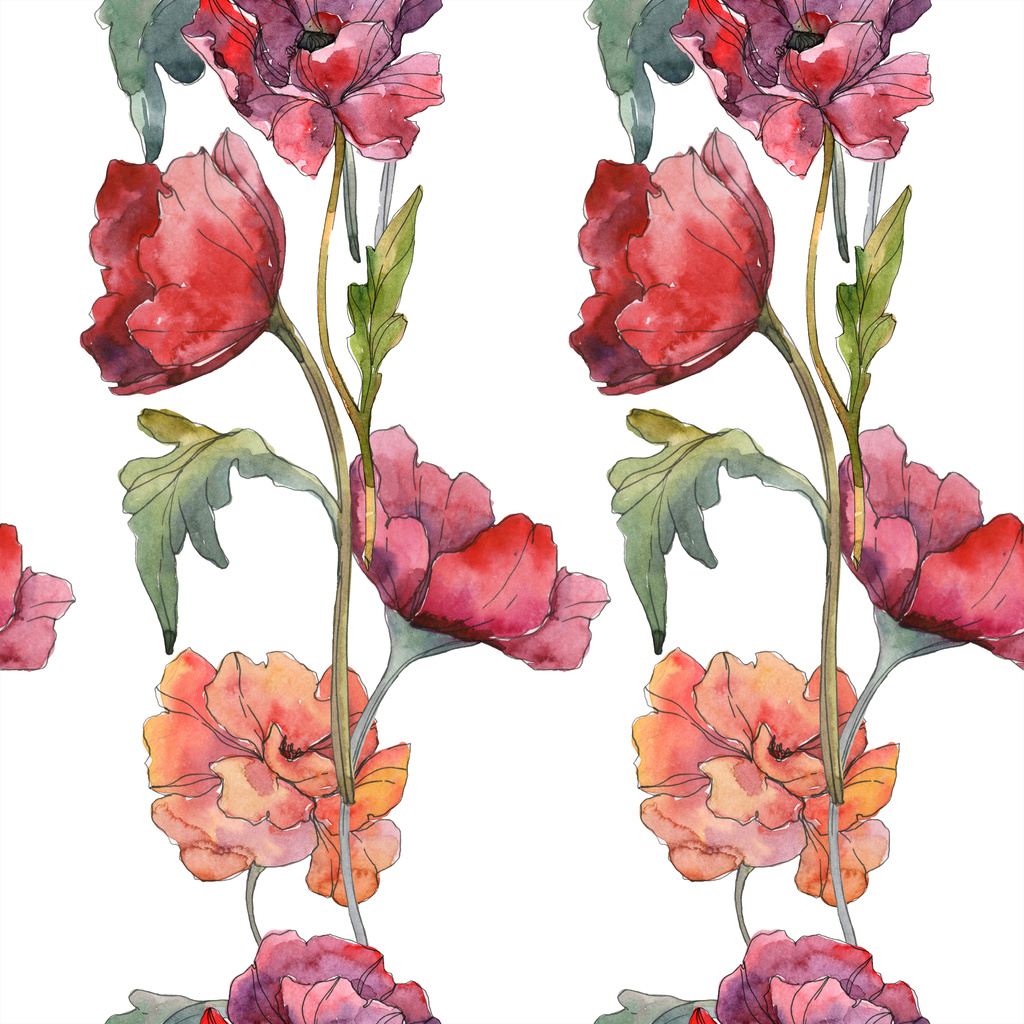 Red poppy floral botanische bloem. Wild voorjaar blad. Aquarel illustratie set. Aquarel tekenen mode aquarelle geïsoleerd. Naadloze achtergrondpatroon. Structuur behang print textuur. - Foto, afbeelding