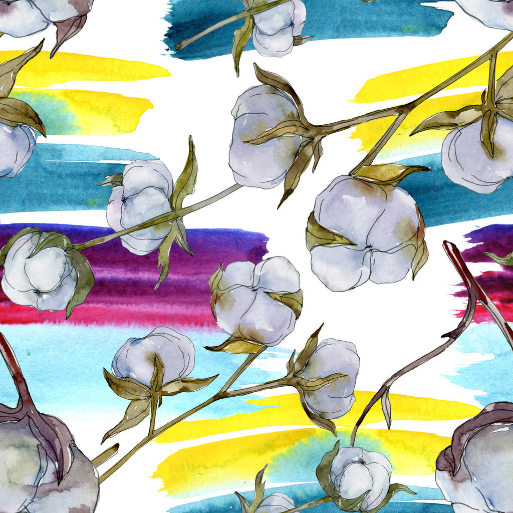 Fehér pamut botanikai virág. Vad tavaszi levél vadvirág. Akvarell illusztráció készlet. Akvarell rajz divat aquarelle elszigetelt. Varratmentes háttérben minta. Anyagot a nyomtatási textúrát. - Fotó, kép
