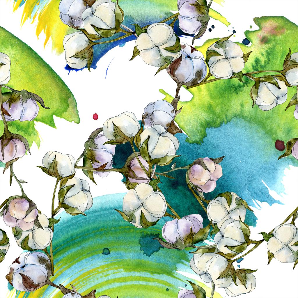 コットン花植物の花 野生春葉ワイルドフラワー 水彩イラスト セット 水彩描画のファッション Aquarelle 分離します シームレスな背景パターン 壁紙印刷手触りの生地 ロイヤリティフリー写真 画像素材