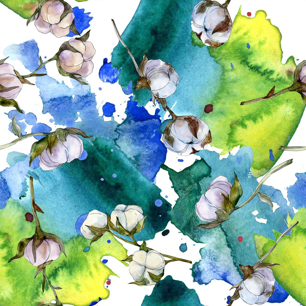 Katoen bloemen botanische bloem. Wild voorjaar blad wildflower. Aquarel illustratie set. Aquarel tekenen mode aquarelle geïsoleerd. Naadloze achtergrondpatroon. Structuur behang print textuur. - Foto, afbeelding