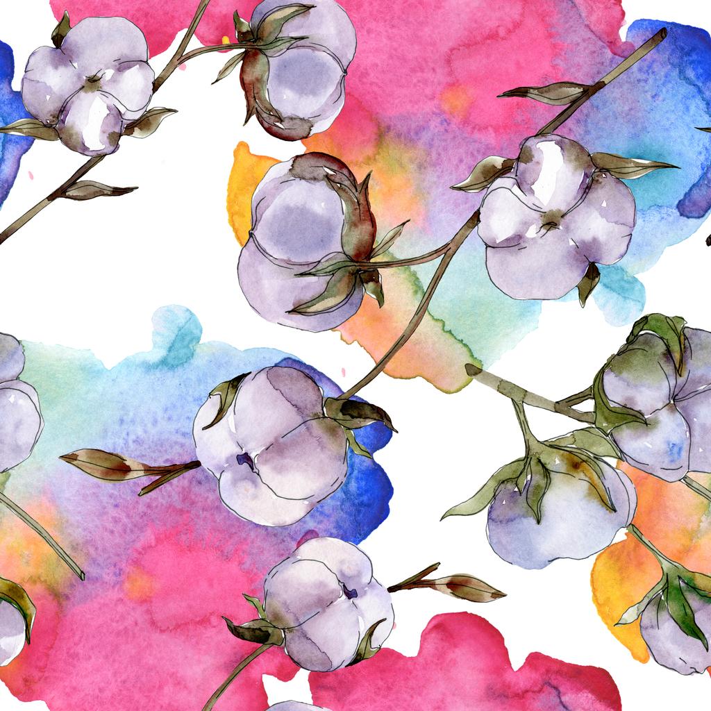 Pamut virágok. Akvarell háttér illusztráció készlet. Varratmentes háttérben minta.  - Fotó, kép