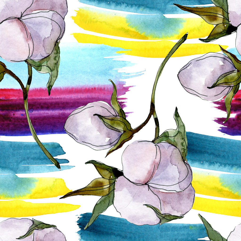 Flores de algodón. Conjunto de ilustración de fondo acuarela. Patrón de fondo sin costuras
.  - Foto, Imagen