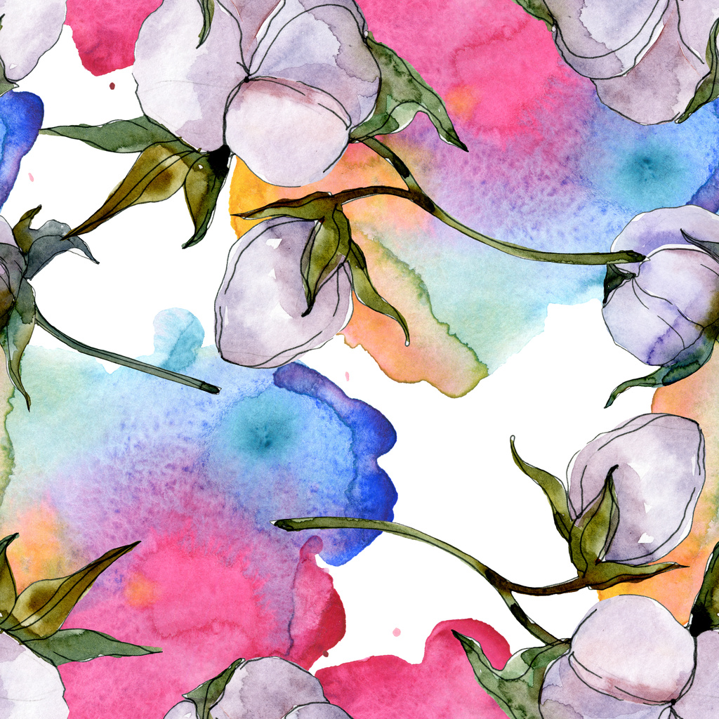 Pamut virágok. Akvarell háttér illusztráció készlet. Varratmentes háttérben minta.  - Fotó, kép