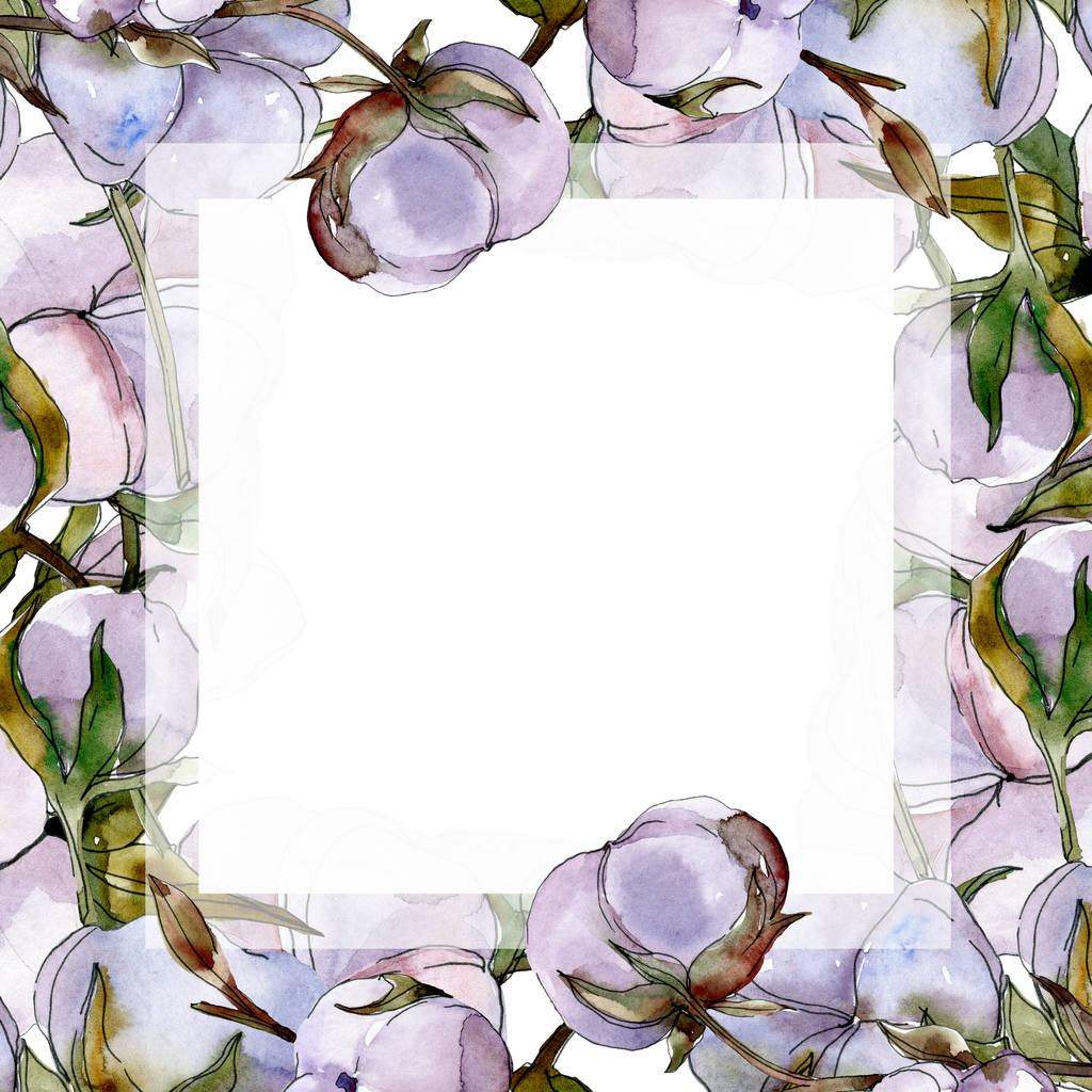 Cotton flowers watercolor illustration set. Frame border ornament with copy space.  - Photo, Image