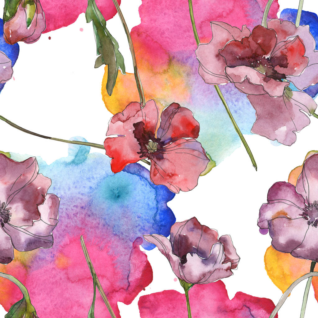Lila piros virágos botanikai mákgubóból. Vad tavaszi levél elszigetelt. Akvarell illusztráció készlet. Akvarell rajz divat aquarelle. Varratmentes háttérben minta. Anyagot a nyomtatási textúrát. - Fotó, kép