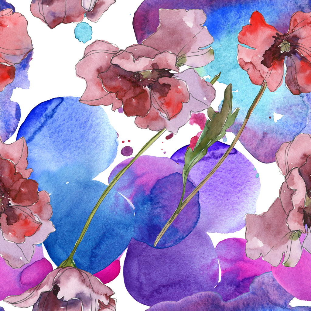 Lila piros virágos botanikai mákgubóból. Vad tavaszi levél elszigetelt. Akvarell illusztráció készlet. Akvarell rajz divat aquarelle. Varratmentes háttérben minta. Anyagot a nyomtatási textúrát. - Fotó, kép