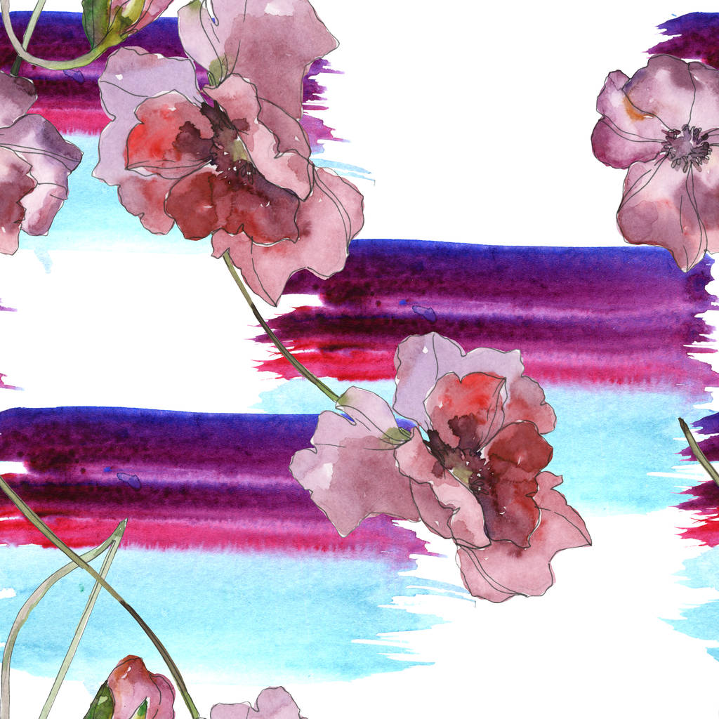紫色赤いケシ花植物の花 野生春葉が分離されました 水彩イラスト セット 水彩描画ファッション Aquarelle シームレスな背景パターン 壁紙印刷手触りの生地 ロイヤリティフリー写真 画像素材