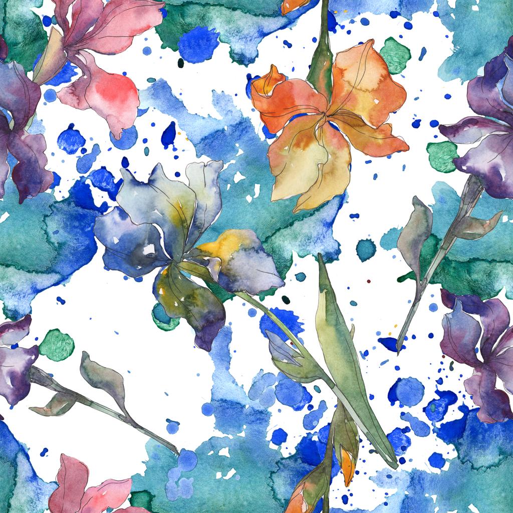 Paars, rood, oranje en blauw irissen floral botanische bloem. Aquarel achtergrond instellen. Aquarel tekenen mode aquarelle. Naadloze achtergrondpatroon. Structuur behang print textuur. - Foto, afbeelding