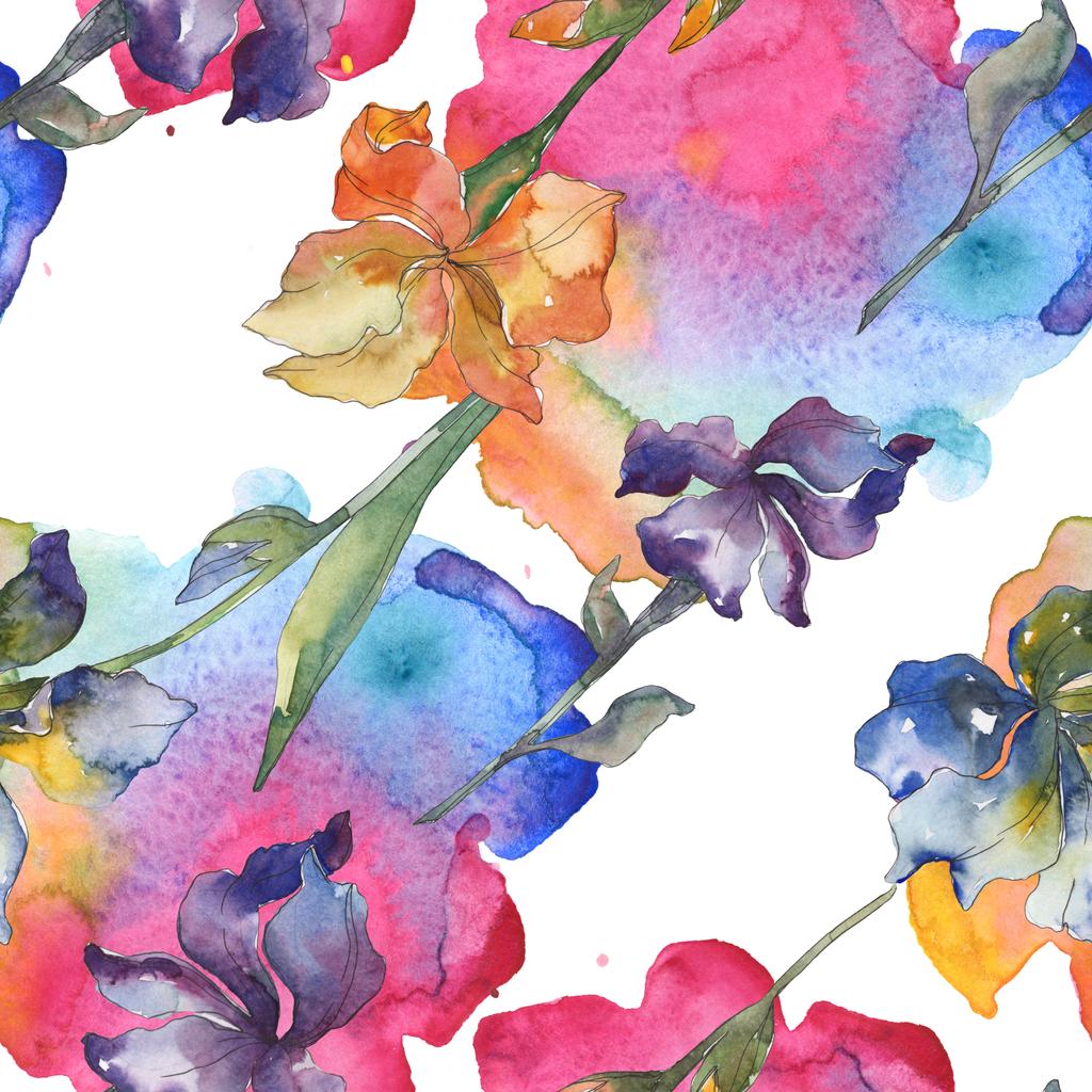 Fiore botanico floreale di iris viola, rosso, arancio e blu. Set sfondo acquerello. Acquerello disegno moda acquerello. Modello di sfondo senza soluzione di continuità. Tessuto carta da parati stampa texture
. - Foto, immagini