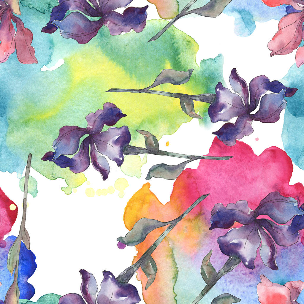 Lila, piros, narancs és kék íriszek floral botanikus virág. Akvarell háttér beállítása. Akvarell rajz divat aquarelle. Varratmentes háttérben minta. Anyagot a nyomtatási textúrát. - Fotó, kép