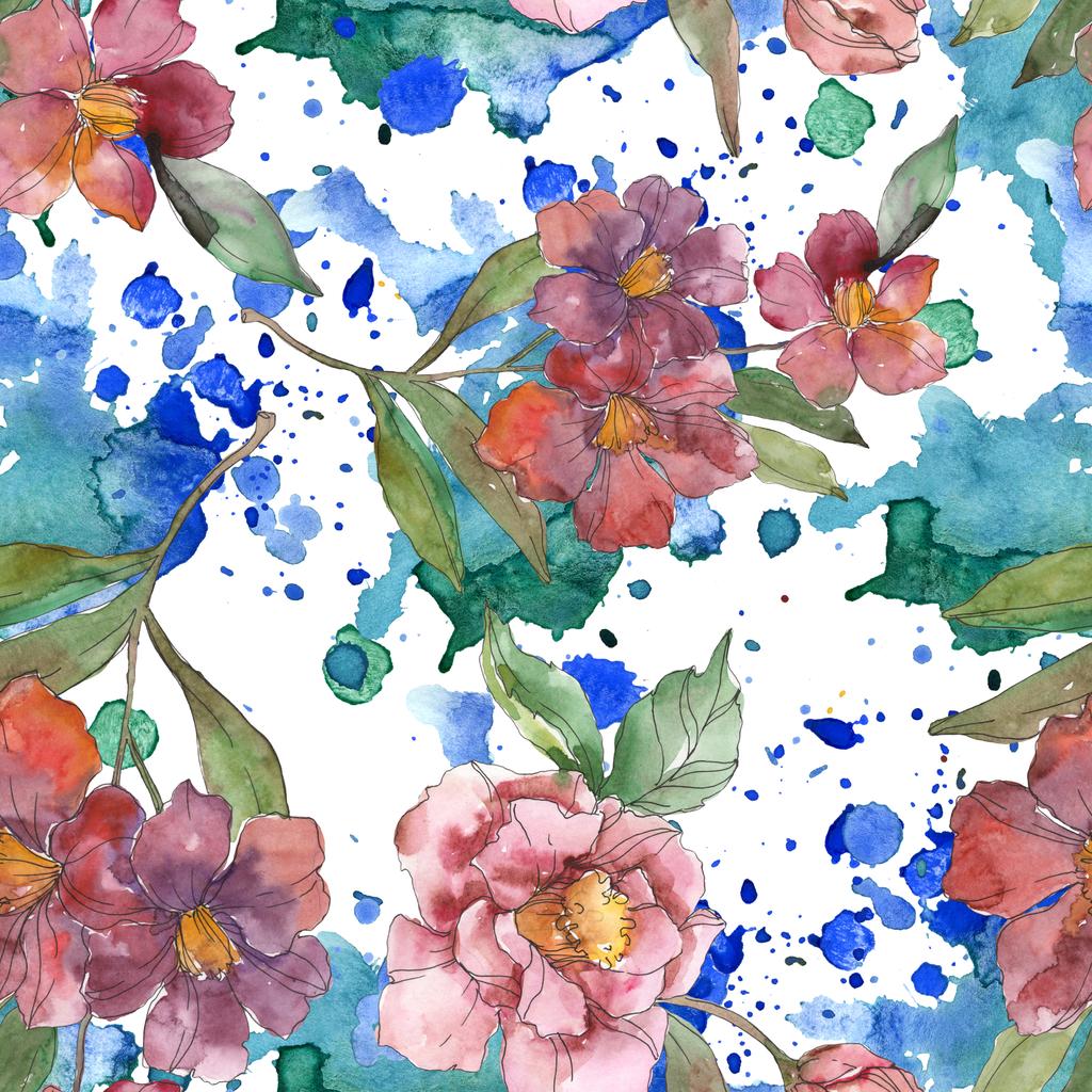 Vörös és lila camellia virág. Akvarell illusztráció készlet. Varratmentes háttérben minta. Anyagot a nyomtatási textúrát. - Fotó, kép