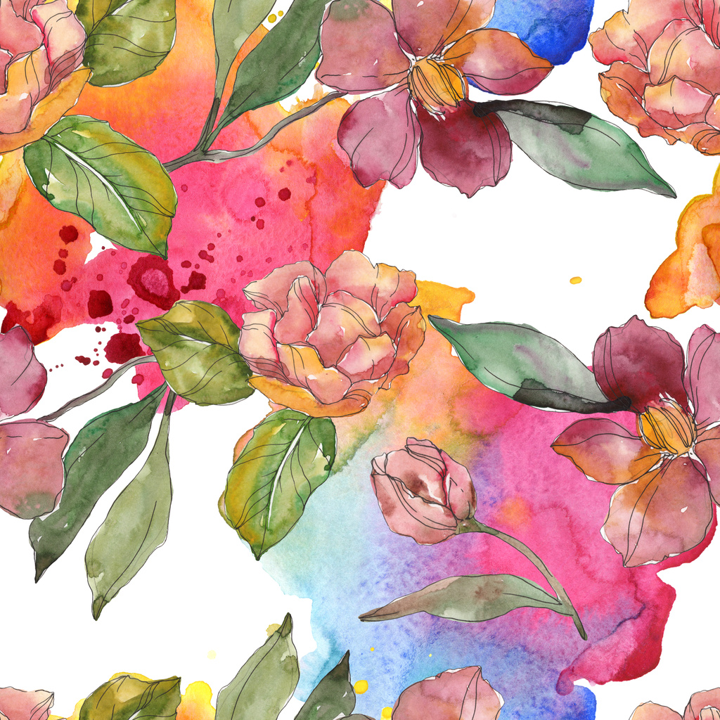 Vörös és lila camellia virág. Akvarell illusztráció készlet. Varratmentes háttérben minta. Anyagot a nyomtatási textúrát. - Fotó, kép