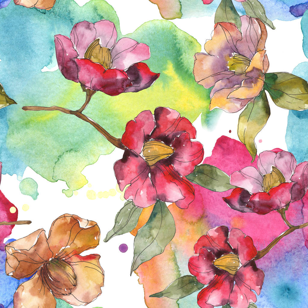 Piros és narancssárga camellia virágok, levelek és absztrakt mintával. Akvarell illusztráció készlet. Varratmentes háttérben. - Fotó, kép
