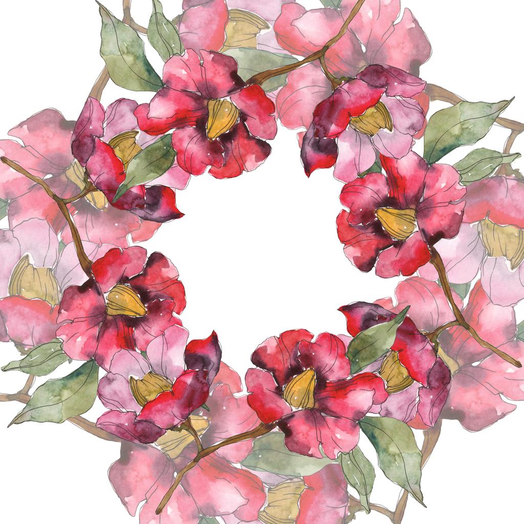 Geïsoleerde rode camellia bloemen met groene bloemen. Aquarel illustratie set. Frame grens sieraad met kopie ruimte. - Foto, afbeelding