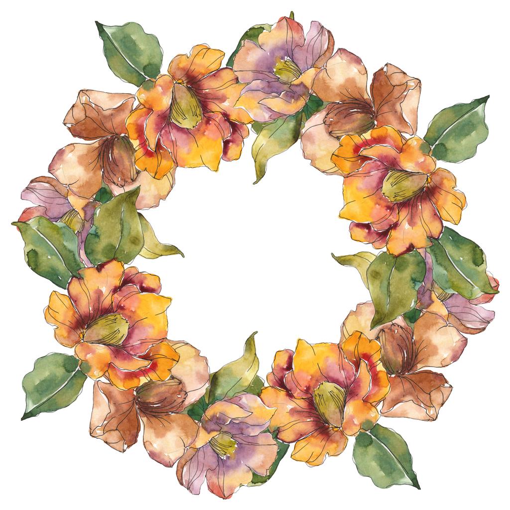 Geïsoleerde oranje camellia bloemen met groene bloemen. Aquarel illustratie set. Frame grens sieraad met kopie ruimte. - Foto, afbeelding
