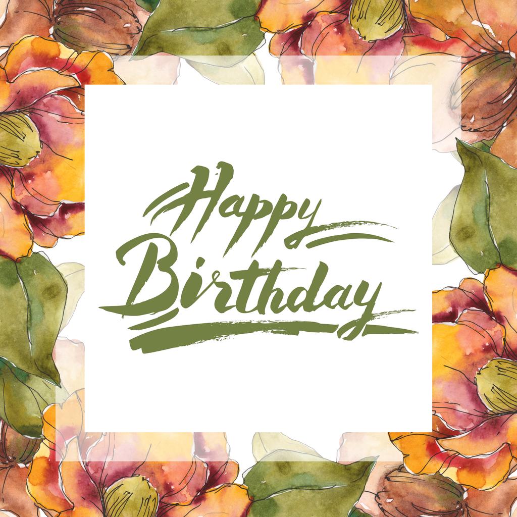 緑の葉とオレンジ色の椿の花 花のフレームとお誕生日おめでとうセット水彩イラスト手書きレタリング ロイヤリティフリー写真 画像素材