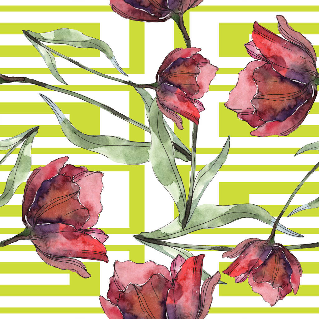 Red poppies with leaves and lines. Watercolor illustration set. Seamless background pattern. - Photo, Image