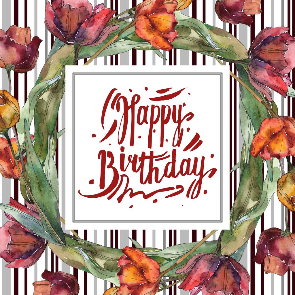 ブルゴーニュ 赤葉とポピーを分離しました 水彩イラスト セット お誕生日おめでとうレタリングでフレーム枠飾り ロイヤリティフリー写真 画像素材