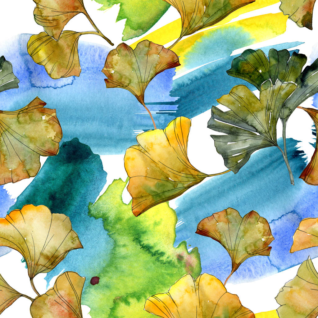 Illustration aquarelle jaune et vert ginkgo biloba foliage. Modèle de fond sans couture
.  - Photo, image