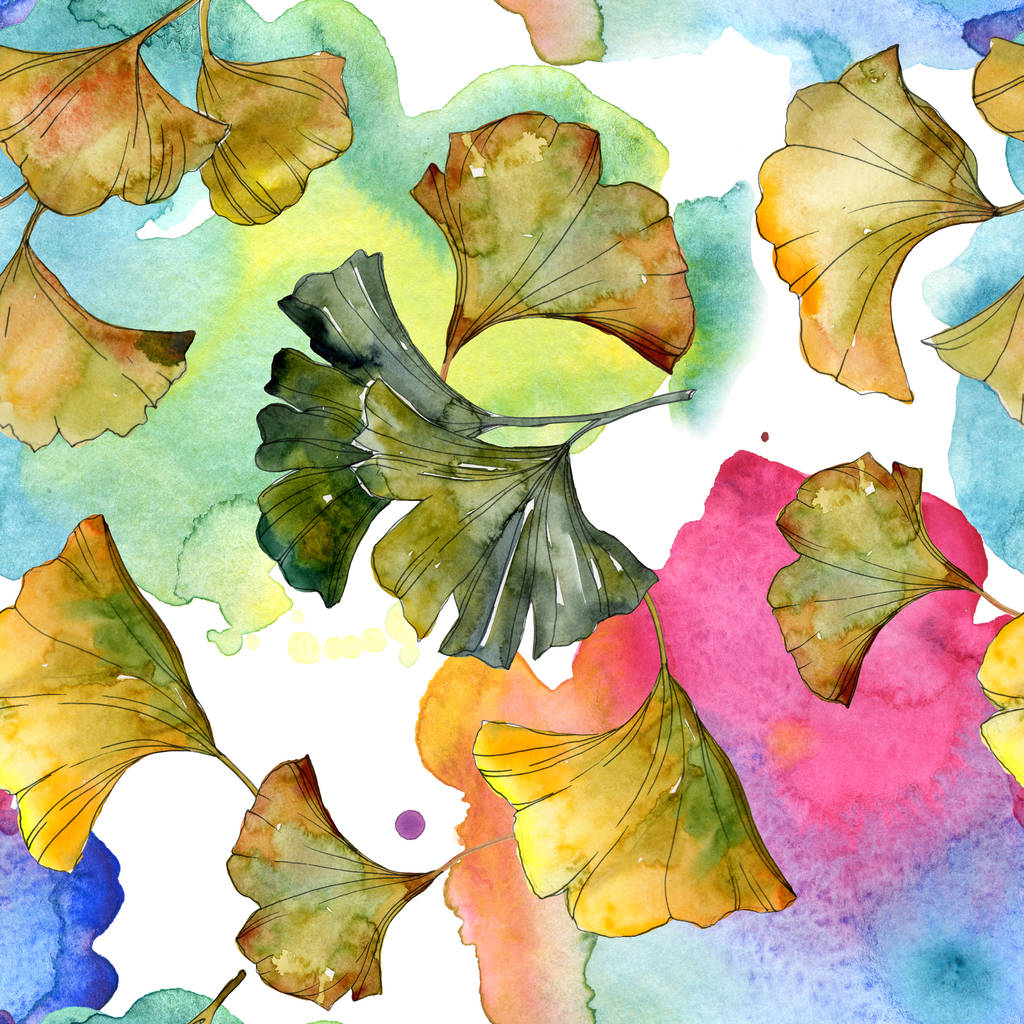 Gelbe und grüne Ginkgo Biloba-Blätter Aquarell-Illustration. nahtloses Hintergrundmuster.  - Foto, Bild